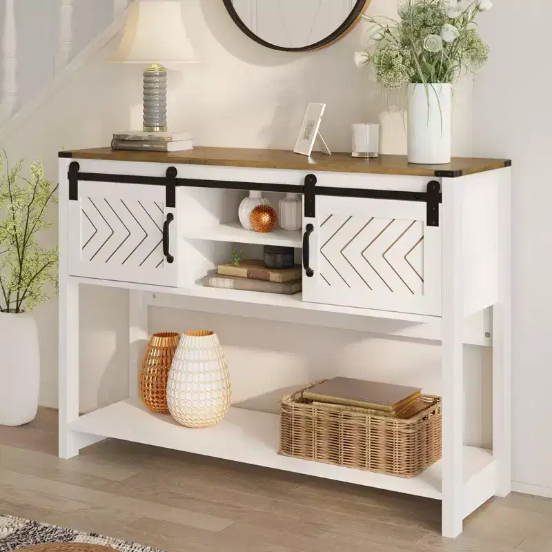Farmhouse Console Table with Sliding Barn Door, Rustic Storage Entryway Table with Drawers & Adjustable Shelf