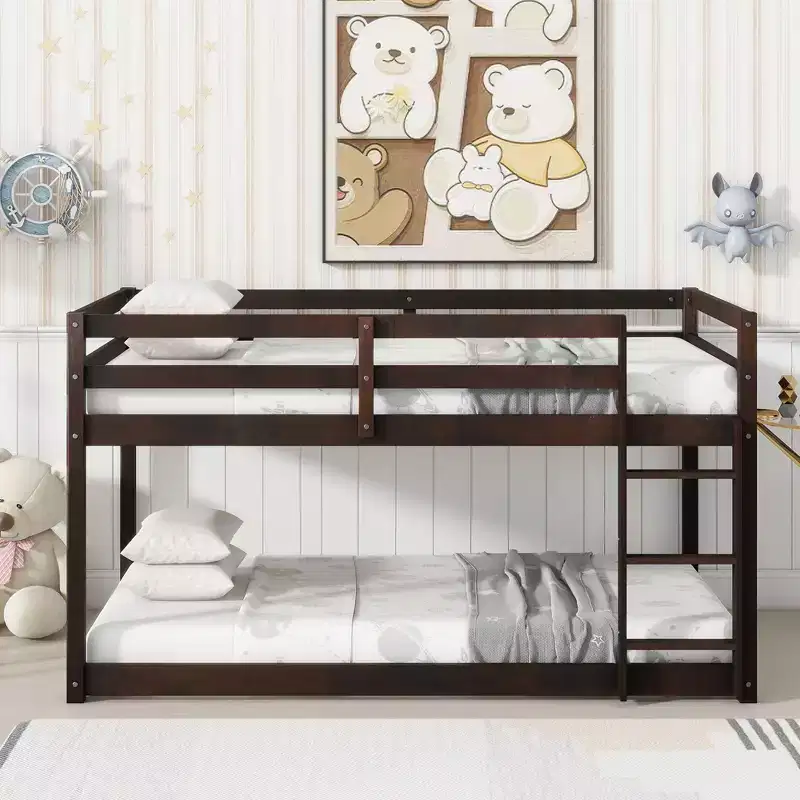 Twin Over Twin Floor Bunk Bed with Ladder & Strengthened Slats, Rubberwood Frame for Kids Room