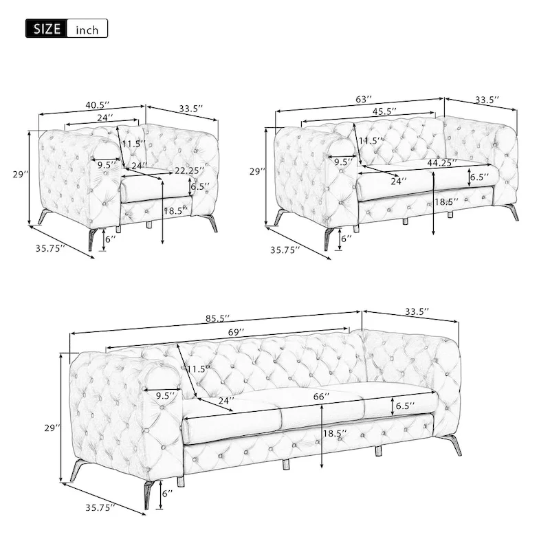 Velvet 3-Piece Sofa Sets(Three Seat Sofa/Loveseat and Single Chair)