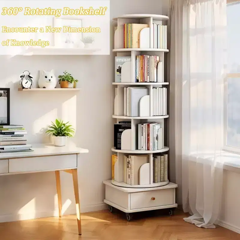 6-Tier 360 Rotating Bookshelf with Wheels & Drawer, Space-Saving Bookcase for Bedroom & Home Office
