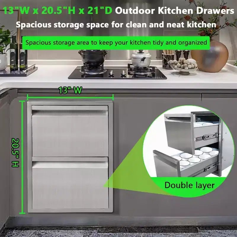Outdoor Kitchen Drawer, 2-Layer Stainless Steel Flush Mount BBQ Drawer for Outdoor Kitchens & BBQ Islands