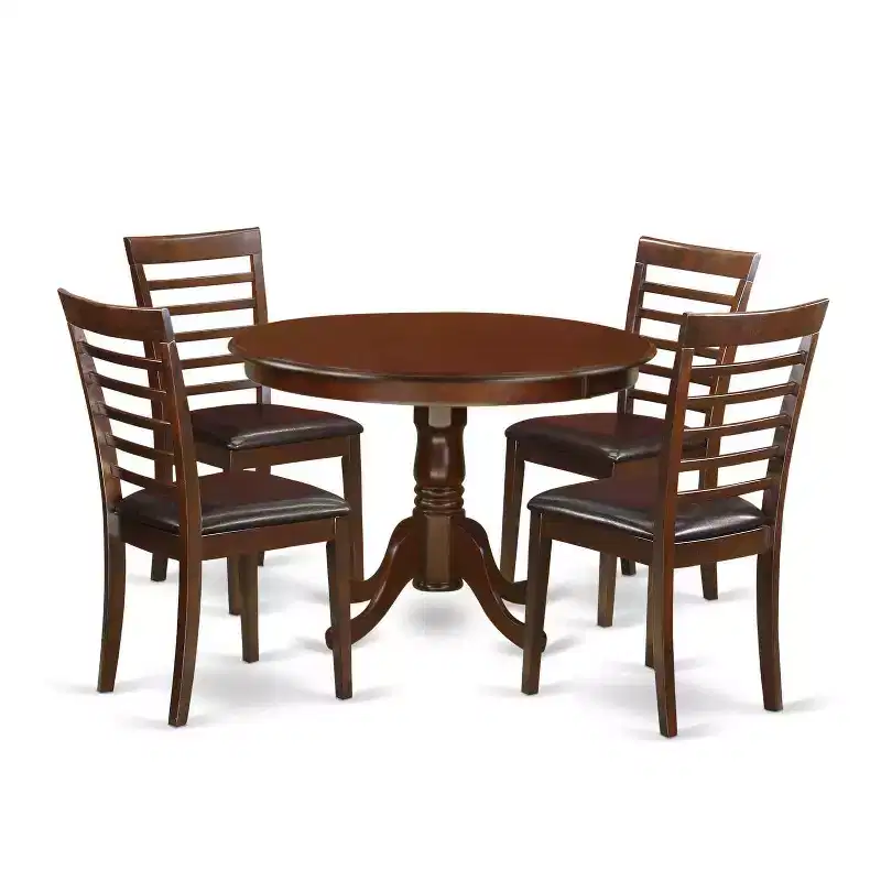 HomeStock 5-Pc Round Mahogany Finish Solid Wood Top Dining table with 4 Chairs