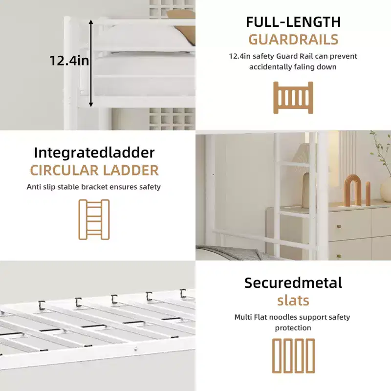 Modern Metal Bunk Bed with Safety Guardrail & Convertible Design