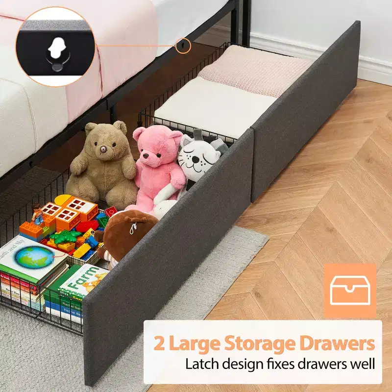 Bed Frame with 2 Storage Drawers, Linen Upholstered Platform Bed Frame with Storage Headboard and Charging Station, Easy to Assemble