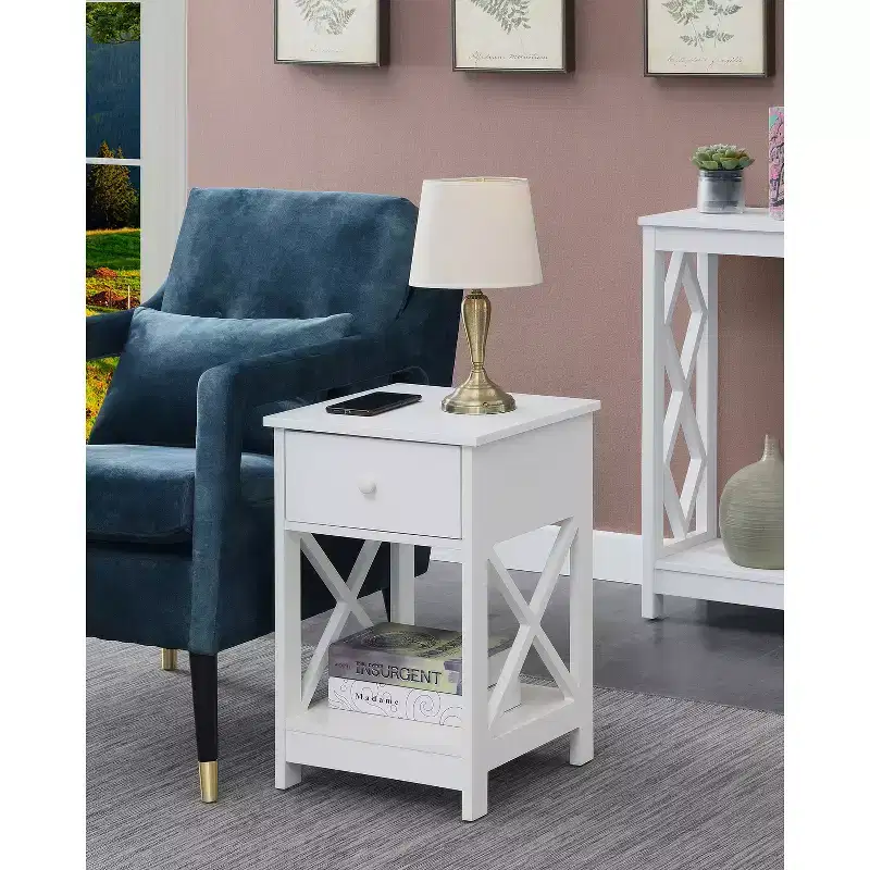 Belmont 1 Drawer End Table with Clean Lined Design, Two Tier Shelves and Pull Out Drawer, Compact Accent Table for Living Room