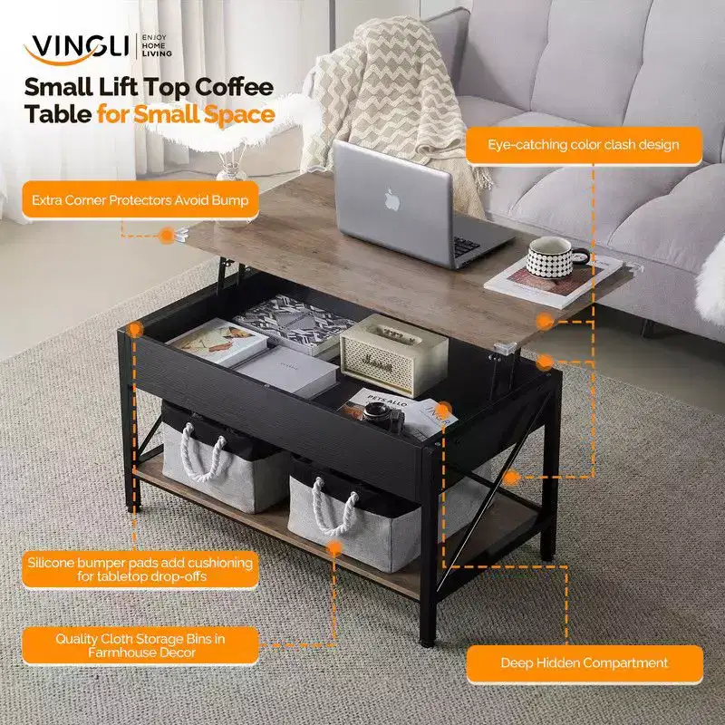 Adjustable with Crossbar, Black Side X-shaped Metal Frame, Rectangular, Gray Washboard Coffee Table