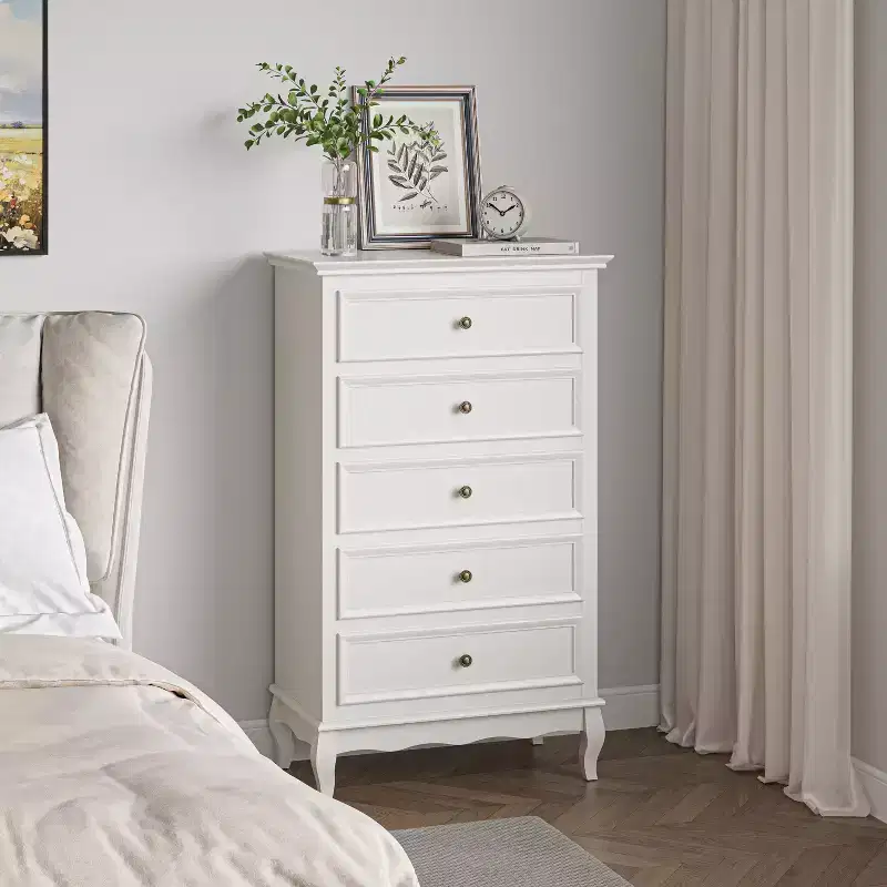 Modern 5-Drawer Dresser with Solid Wood Legs and Painted Finish, for Bedroom, Living Room, Nursery, Hallway