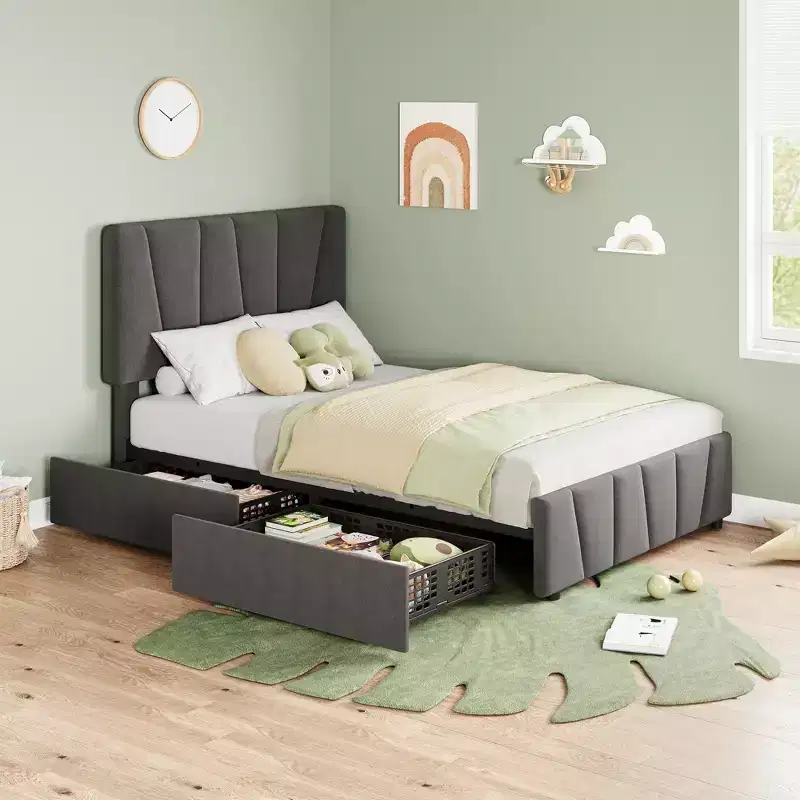 Upholstered Platform Bed Frame with Adjustable Headboard and Multiple Storage Drawers, No Box Spring Needed