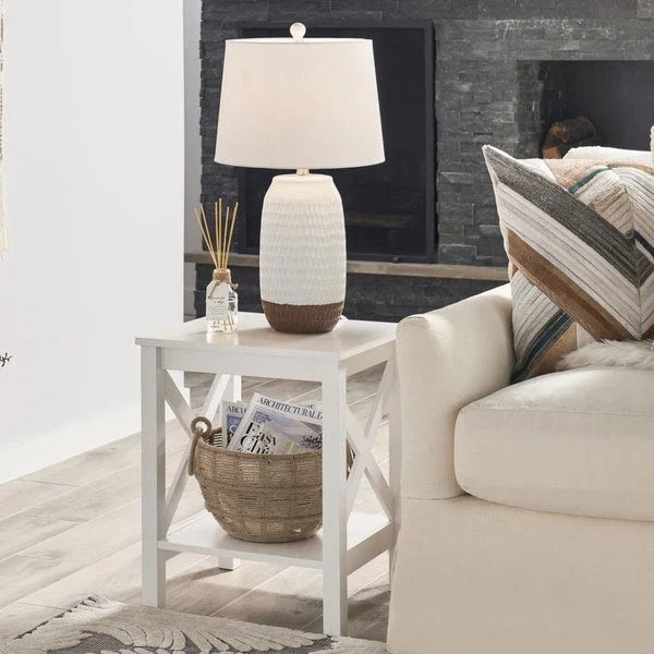 X-Frame Two-Tier End Table with Bottom Shelf, Rustic Farmhouse Wood Accent Side Table