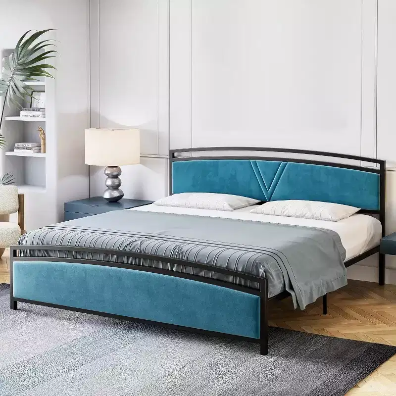 Queen Size Velvet Curved Platform Bed Frame with Storage, Upholstered Headboard & Footboard, Heavy-Duty Metal Slats, Noise-Free, Gray