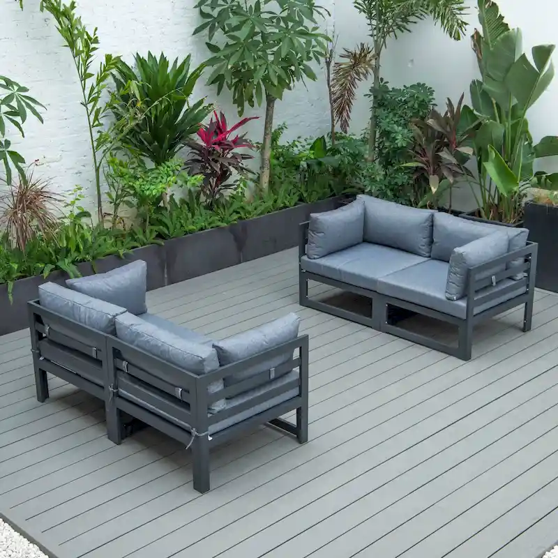 LeisureMod Chelsea 4-Piece Outdoor Patio Sectional Loveseat Set Black Aluminum with Cushions