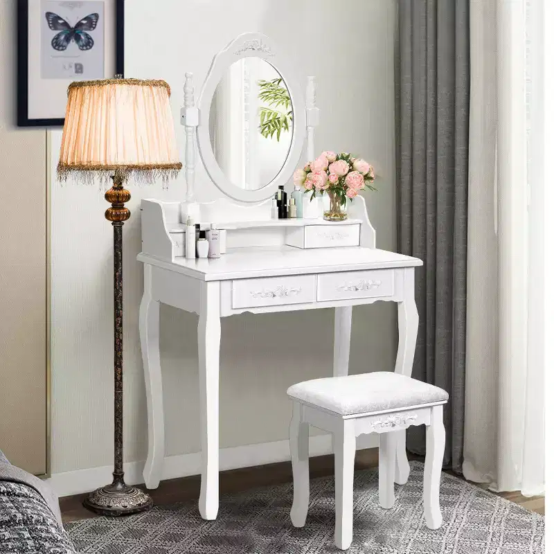 Wood Makeup Vanity Dressing Table with Stool and 4 Drawers, Black/White