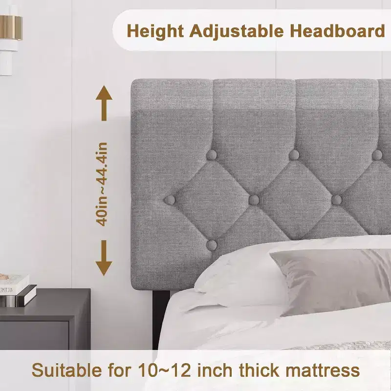 Linen Upholstered Platform Bed w/Adjustable Headboard & USB Ports - No Box Spring, Noise-Free Slats, Easy Assembly (Gray)