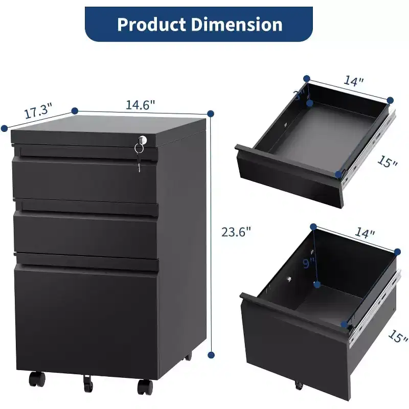 3-Drawer Mobile File Cabinet with Lock, Adjustable Shelf & Wheels for Legal/Letter/A4 Documents, Metal Under-Desk Organizer Storage Box