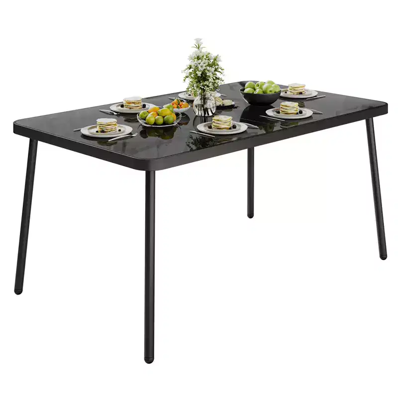 Iron Dining Table - Built-In Tempered Glass Tabletop, Cut-Off Design, Durable Metal Frame, Modern Glass Top Dining Table