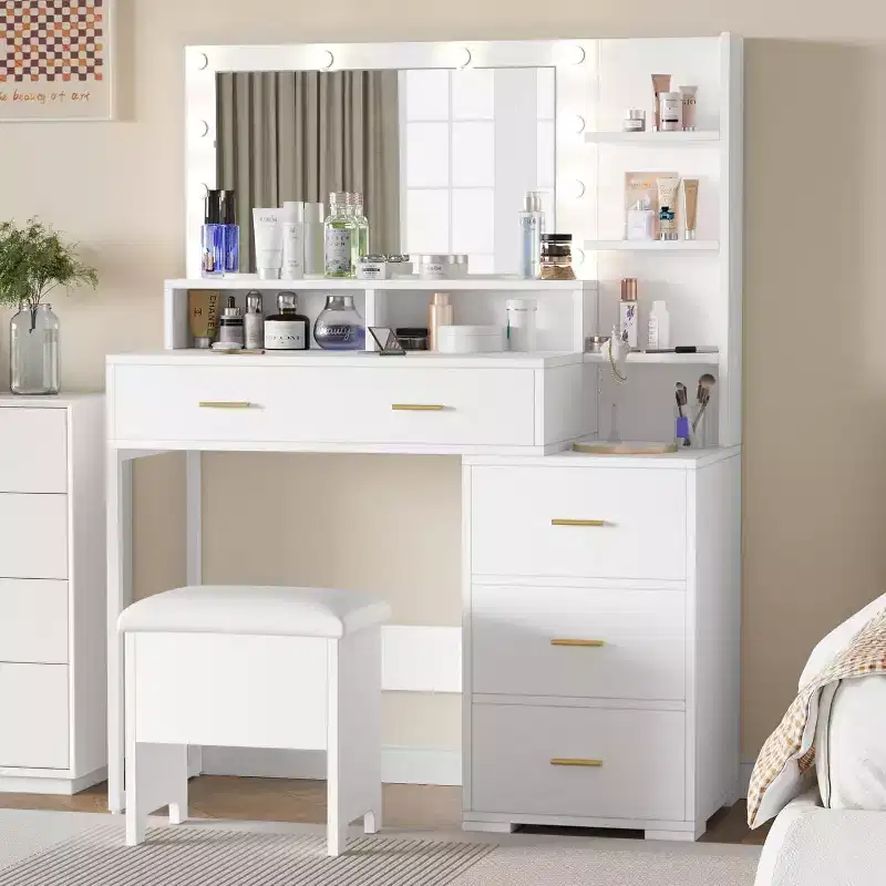 Makeup Vanity Desk with Mirror and Lights, Vanity Set with 3 Adjustable Lighting Colors