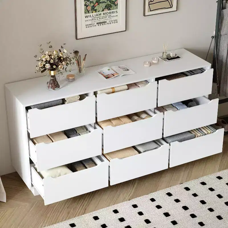 9 Drawer Dresser for Bedroom with Deep Drawers, Large Floor Wood Dressers & Chest of Drawers , Modern White Long Dressers