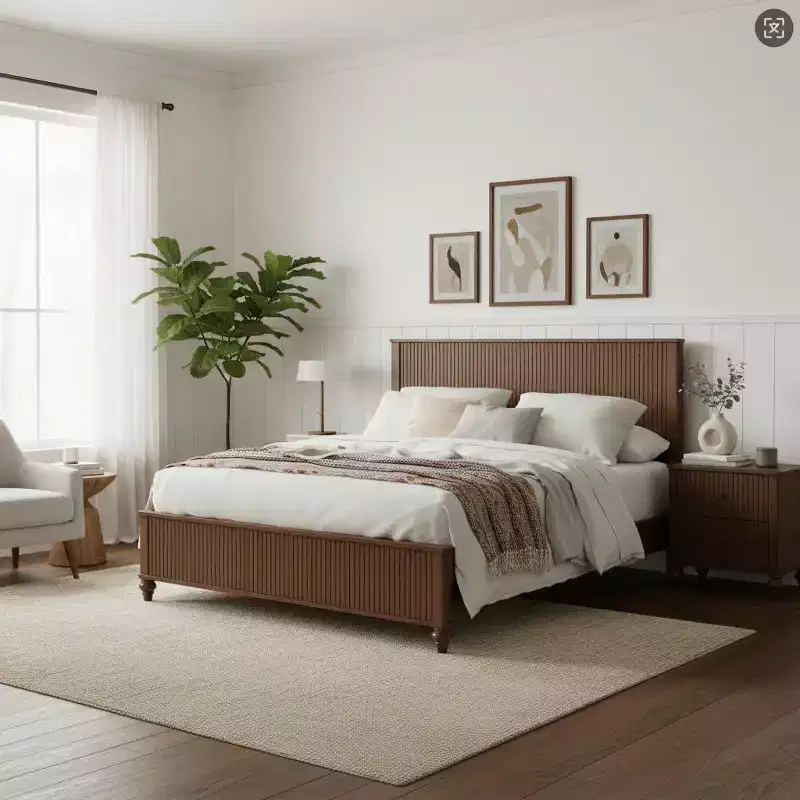 Queen/King Size Platform Bed Frame with Headboard & Footboard, Grooved Panels, Walnut/White - ModernLuxe