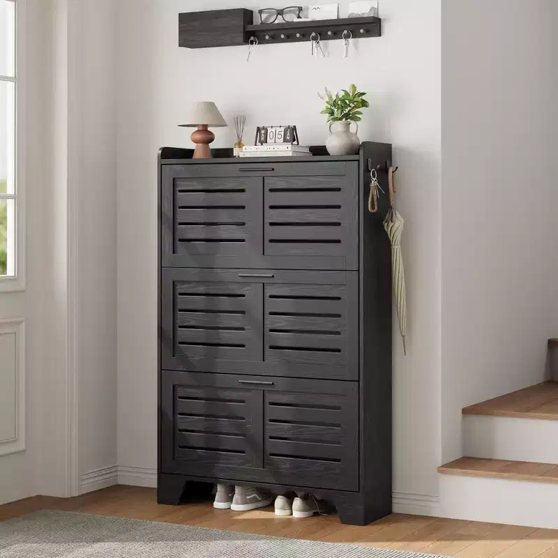 Acekool Slim 3 Flip Drawer Shoe Cabinet with Hooks 13.8 Hidden Shoe Rack for Entryway