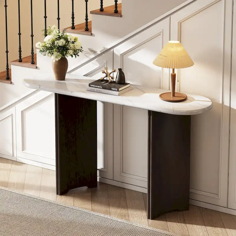 Oval Faux Marble Top Console Table Entryway Table, Narrow Sofa Table Hallway Accent Table with Triangular Base