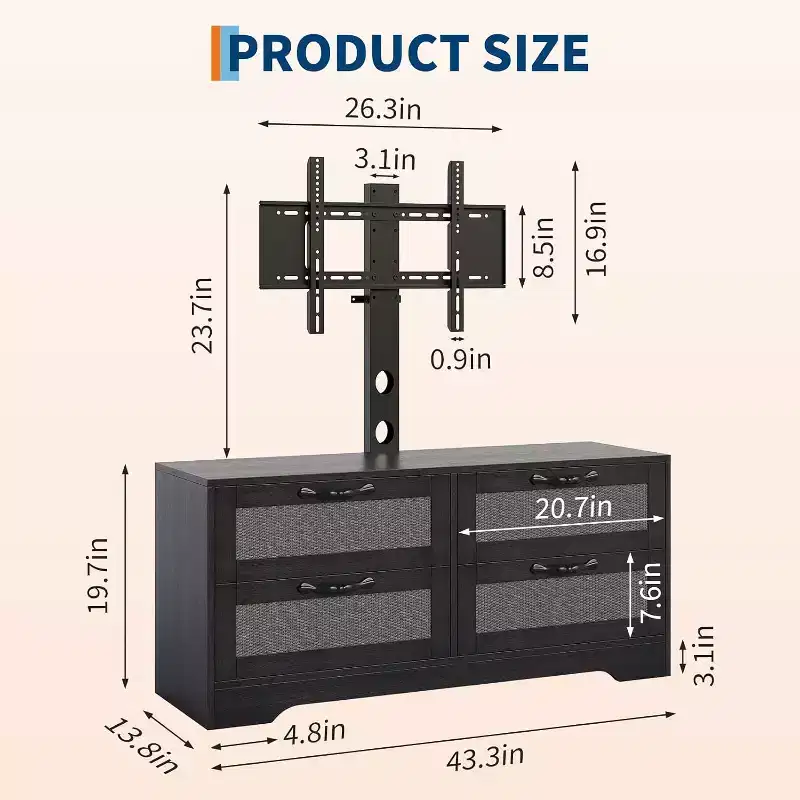 Rattan 4-Drawer TV Stand, Farmhouse Style for 70-Inch TVs, for Living Room, Easy Assembly