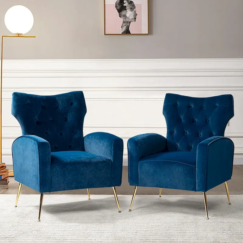 Contemporary Velvet Wingback Tufted Chair With Gold Flared Metal Legs