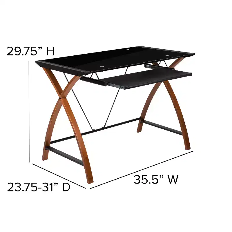 Emma and Oliver Glass Computer Desk-Pull-Out Keyboard Tray & Crisscross Frame