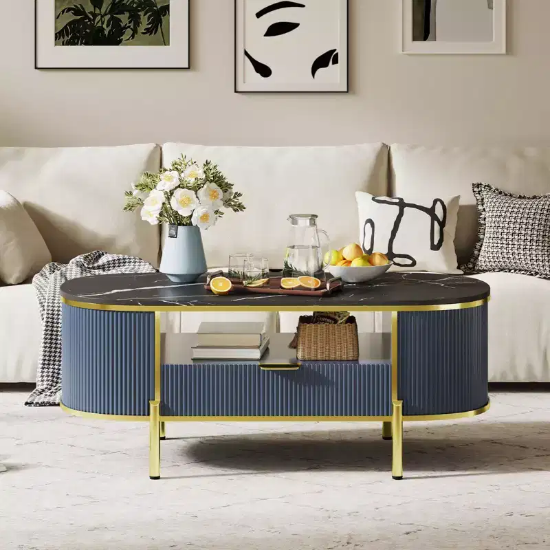 48 Oval Coffee Table with Storage, Faux Marble Top and Gold Metal Legs, Fully Assembled Wood Center Table for Living Room or Office