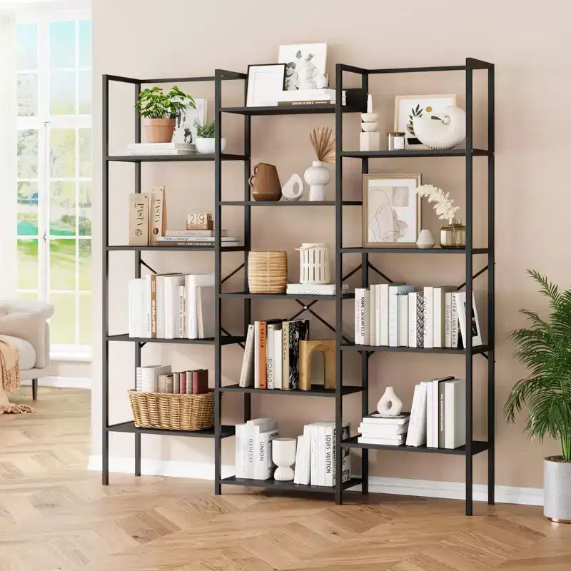 GustoWave 5 Tier Bookcases, Triple Wide Industrial Bookshelf, Steel Bookshelf, Display Storage Bookshelves