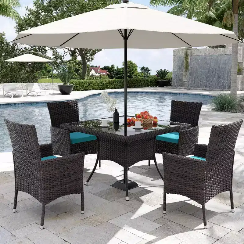 ALAULM Patio Furniture Outdoor Dining Set, Wicker Rattan Patio Dining Table and Chairs Set, Square Tempered Glass Tabletop with Umbrella Set