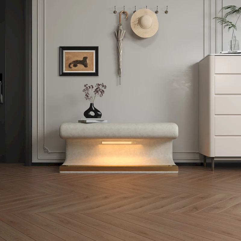 37W Entryway Bench Leather Upholstered Ottoman with LED
