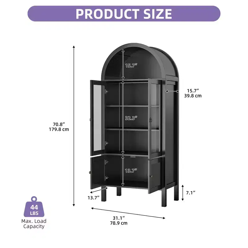 71inch Tall Arched Cabinet Kitchen Pantry with LED Light Wood Kitchen Storage Cabinets