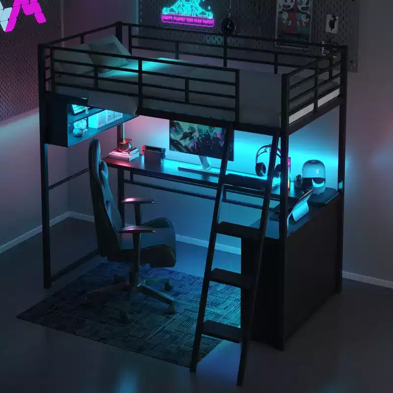 GDFStudio Kelly Metal Loft Bed with LED, Desk and 4 Storage Shelves