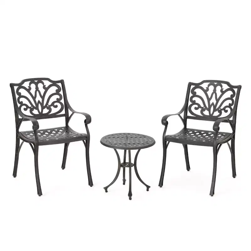 Lola 3pc Cast Aluminum Chat Set - Bronze - Christopher Knight Home: Weather-Resistant, 2 Arm Chairs & Accent Table