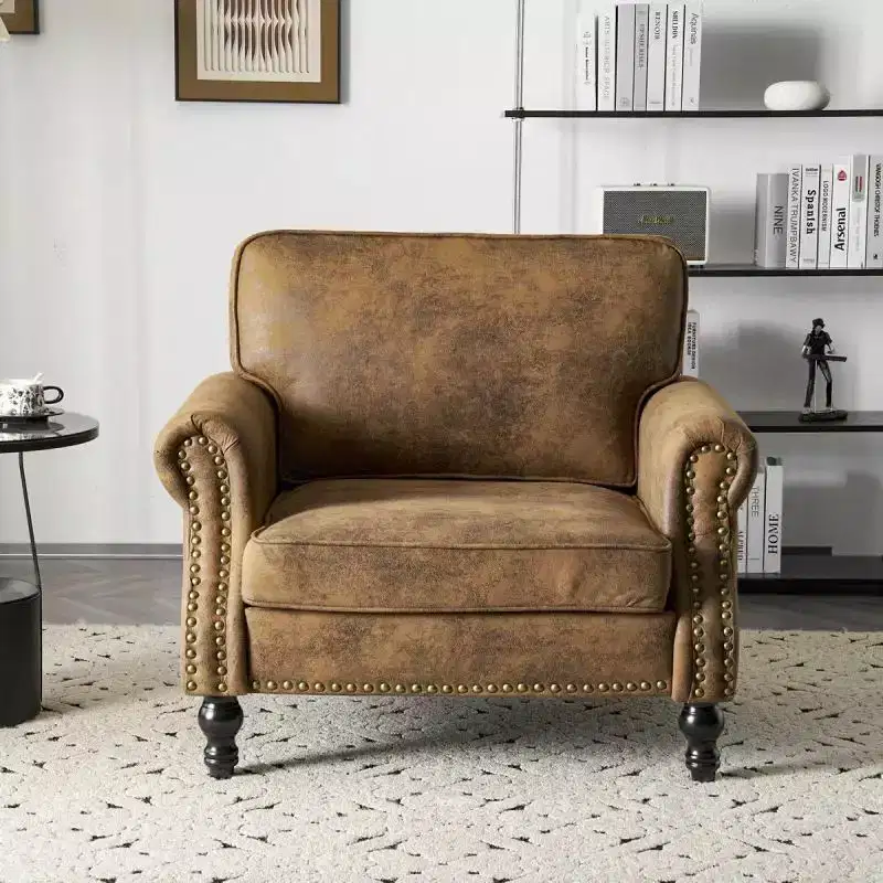 Classical Single Sofa Accent Chair, Rust Faux Leather, Copper Nailhead Trim, 330 lb