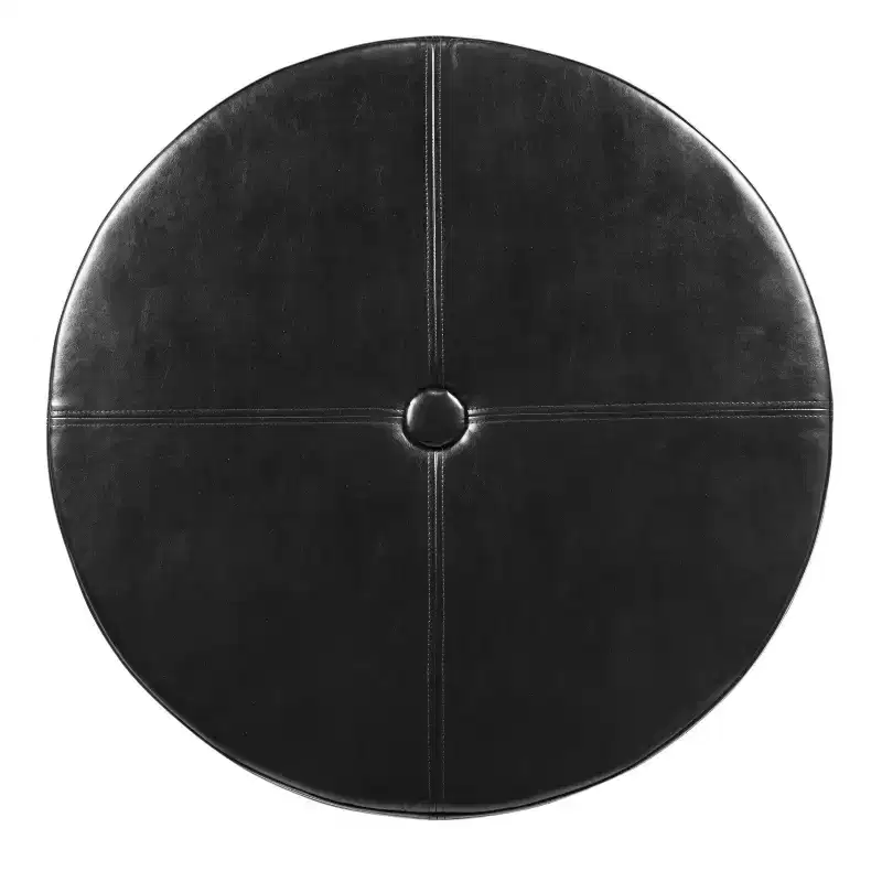 Round Black Faux Leather Button-Top Storage Ottoman, Seats 1