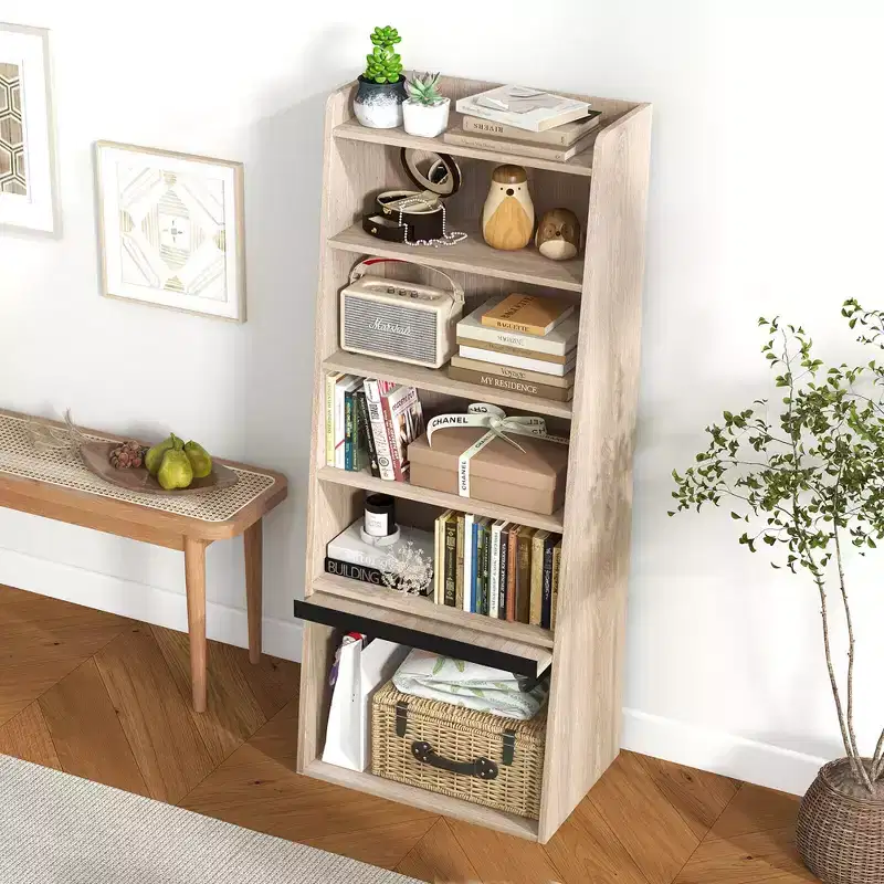 Costway 6-tier Bookcase w/ 2 Adjustable Shelves Filp-up Door 5 Open Shelves Bedroom