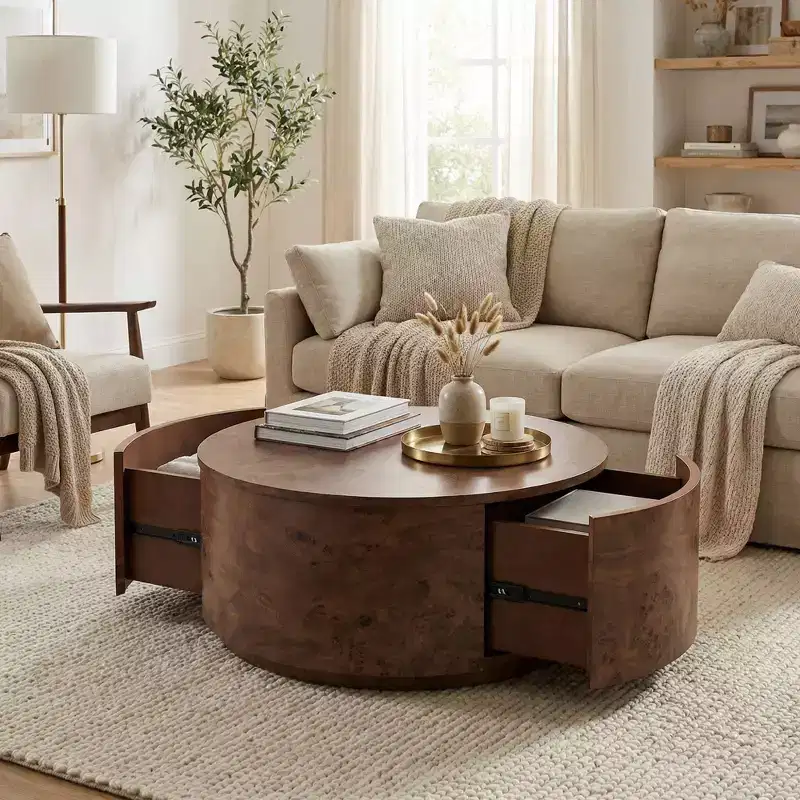 28.4-Inch Walnut Rotating Coffee Table with 2 Hidden Drawers, 360 Rotatable Tabletop, Natural Wood Grain, for Living Room, Walnut
