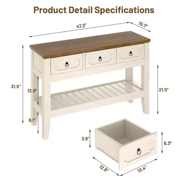 47 Console Table with Drawers, Farmhouse Rustic Entryway Table with Bottom Shelf and Solid Wood Legs for Entryway, Living Room
