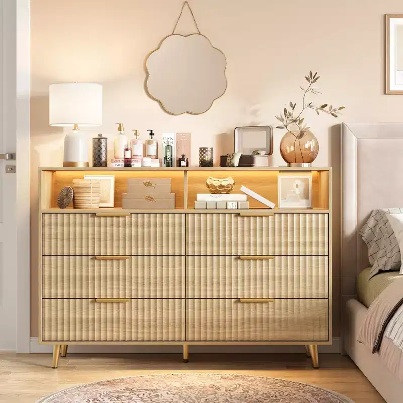47.2 Wide Drawers Dresser with Gold Handle, Lights and Charging Station for Bedroom