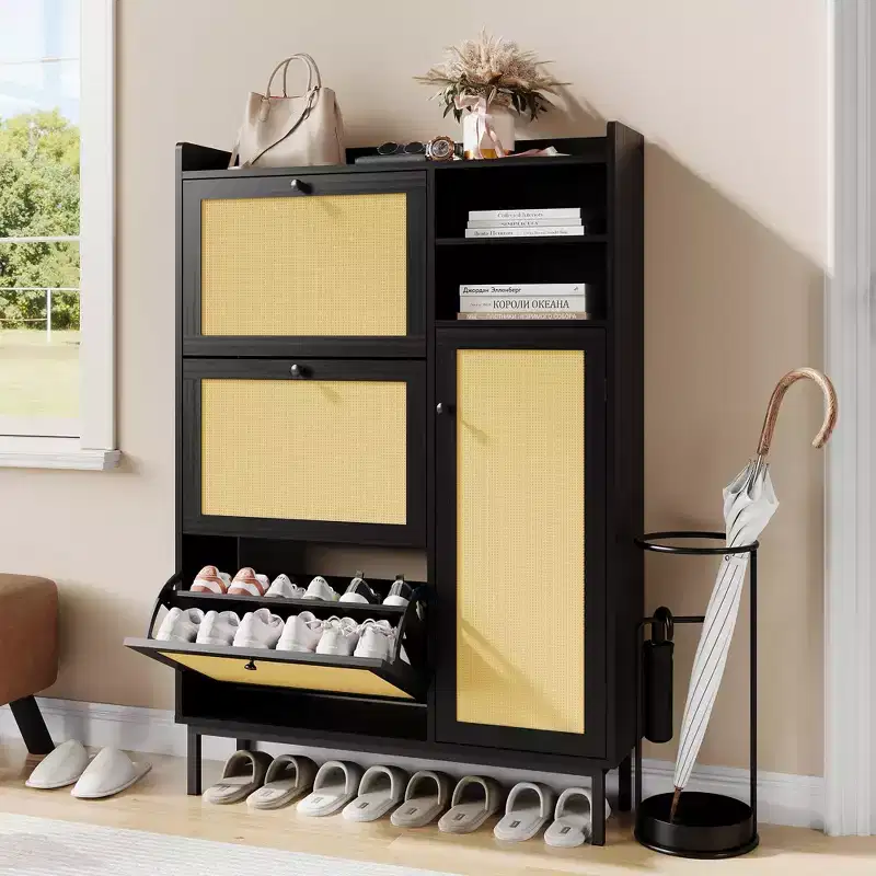 Freestanding Shoe Cabinet for Entryway with 3 Flip Drawers, Modern Wood Shoe Storage Organizer with Metal Legs for Hallway & Small Spaces
