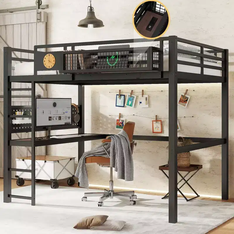 ModernLuxe Twin XL/Full Size Metal Loft Bed with Desk, Charging Port, Storage Basket & Clock, Black