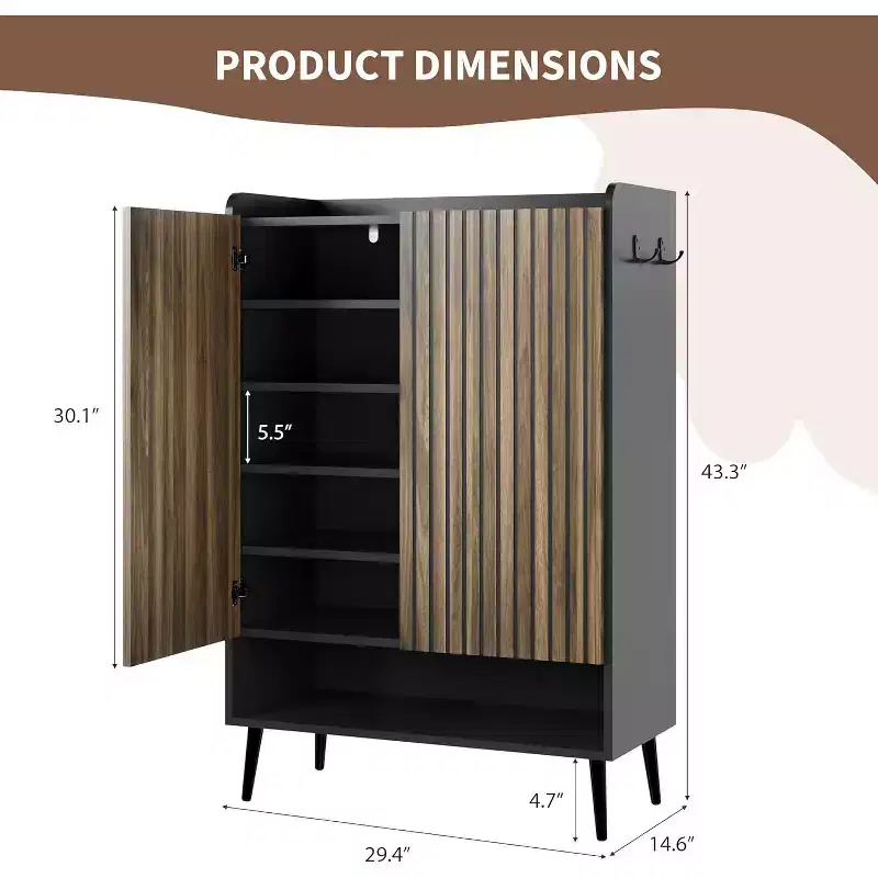 6-Tier Shoe Storage Cabinet Large Capacity Organizer with Boot Section Convenient Hooks for Modern Entryways Brown Black