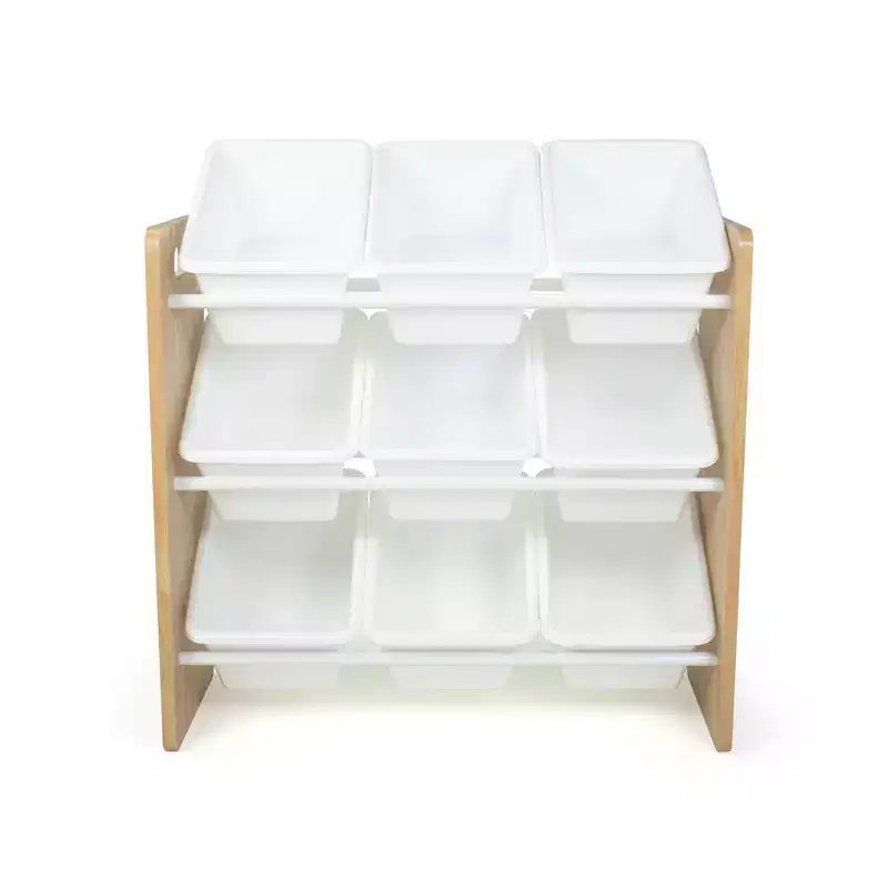 Kids' Toy Storage Organizer with 9 Plastic Storage Bins, Natural Wood/White
