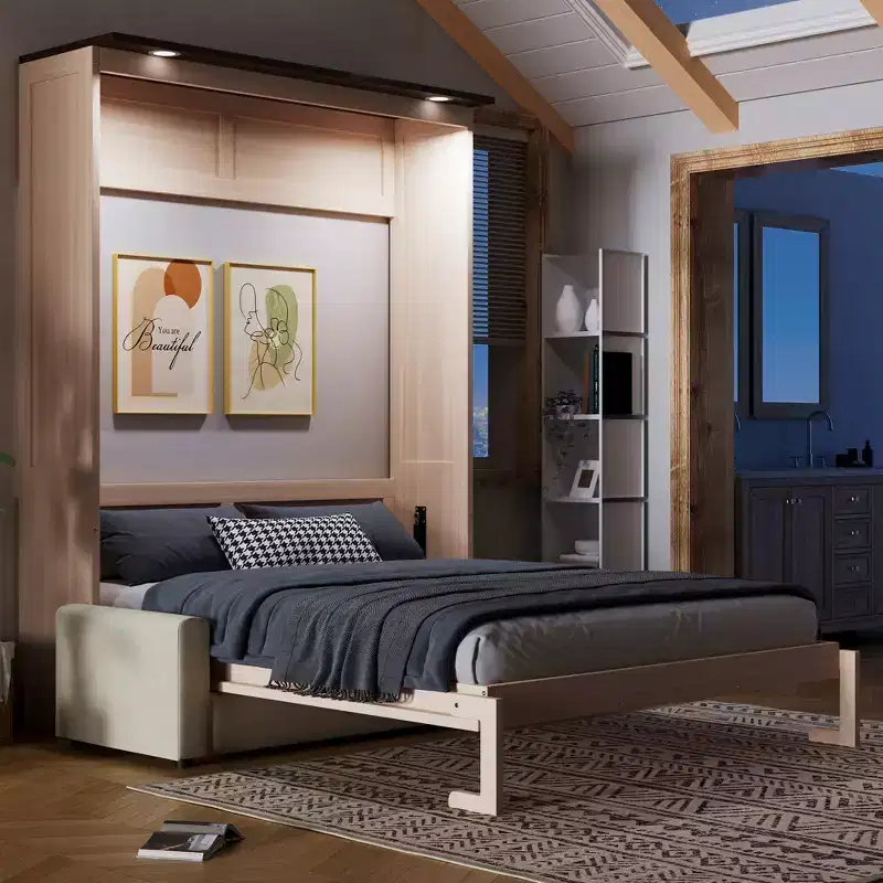 Queen Size Murphy Bed with Sofa and LED Lights – Beige