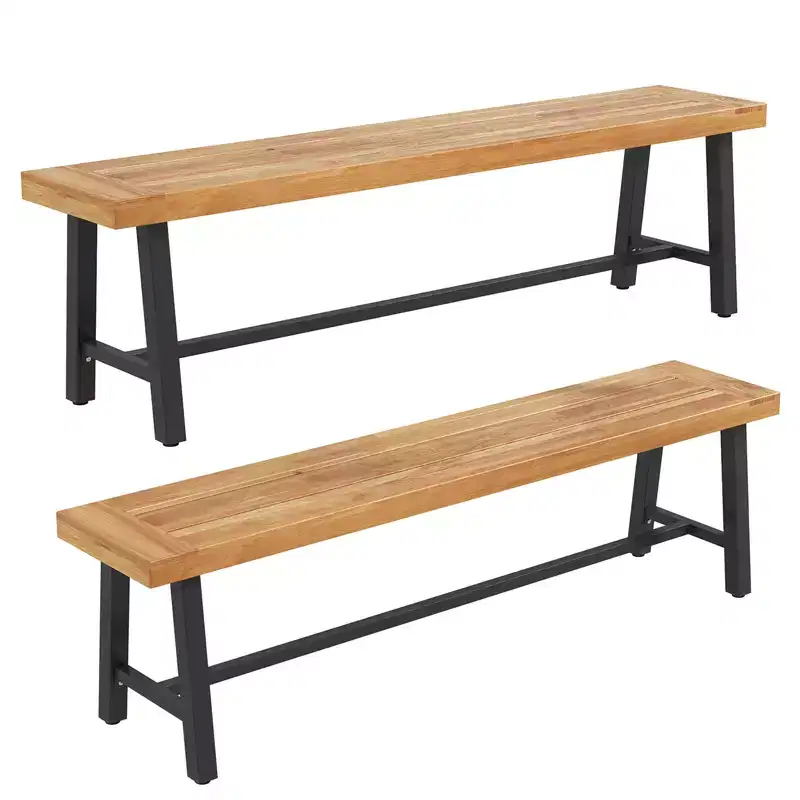 Costway 63 Inch Patio Bench Set of 1/2, Acacia Wood Long Dining Bench w/ Heavy-Duty Metal Legs