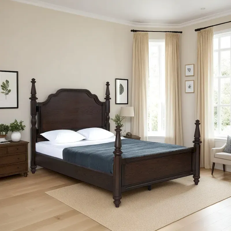 Meon King Poster Bed, Carved Headboard, Dark Oak Brown Wood