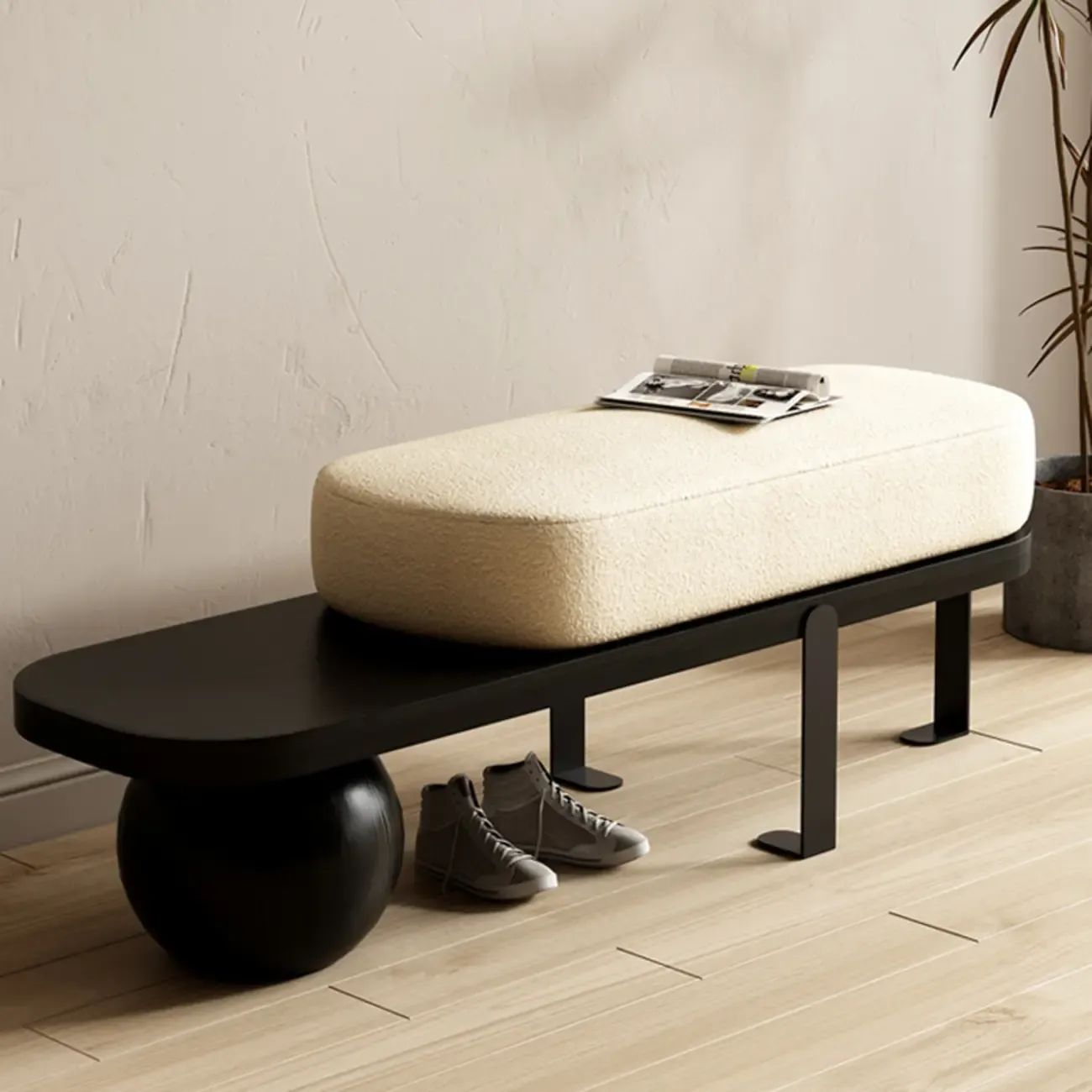 Modern Wooden Beige Upholstered Short Bench