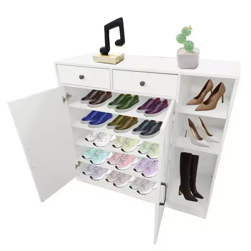 Shoe Cabinet for Entryway with Doors, Hooks & 3 Open Racks - 4 Adjustable Shelves Storage Organizer for Hallway and Living Room, White