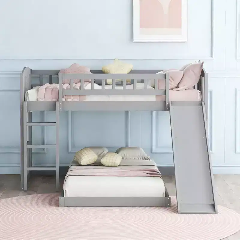 Luxystar Twin Over Twin Wooden Bunk Bed with Slide and Fence for Kids' Room